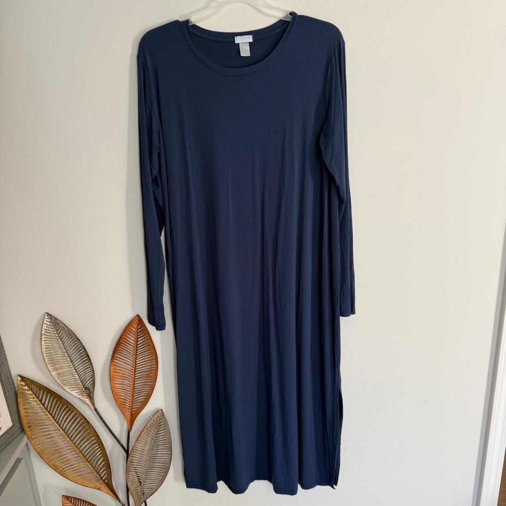 H12‎ LAKE Pajamas Navy Blue Bamboo Long Sleeve Midi Nightshirt Dress Size Medium
